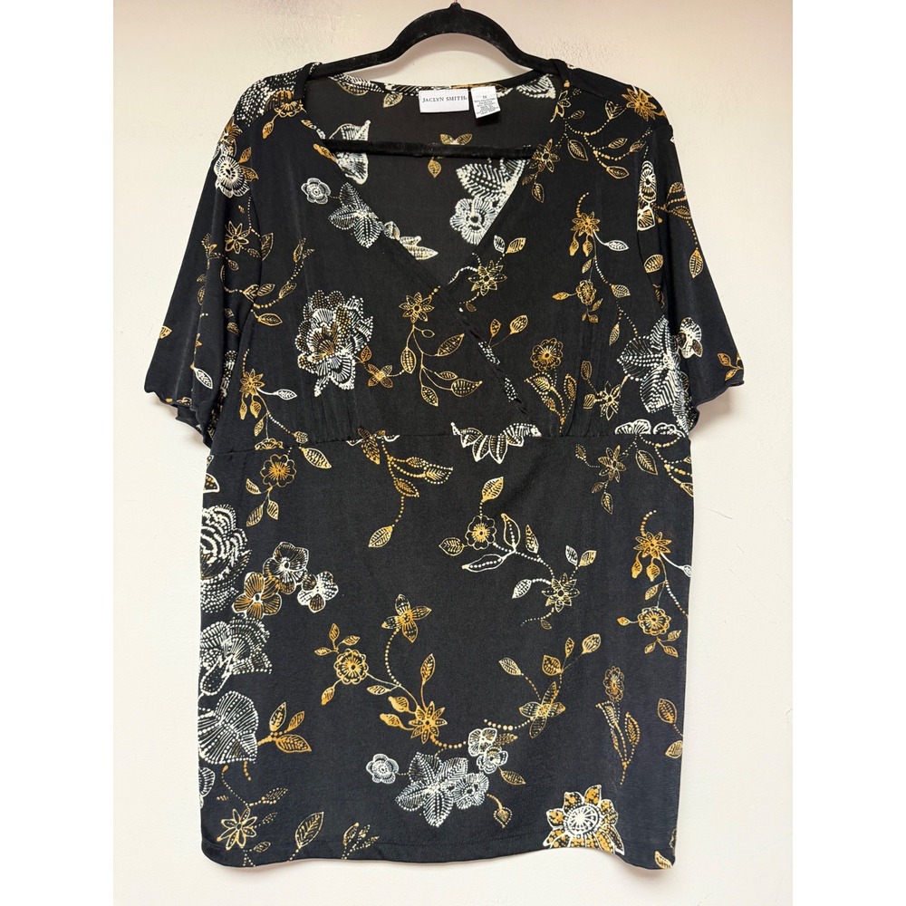 Jaclyn Smith Black Floral Surplice V-Neck‎ Empire Waist Blouse Top Plus Size 1X